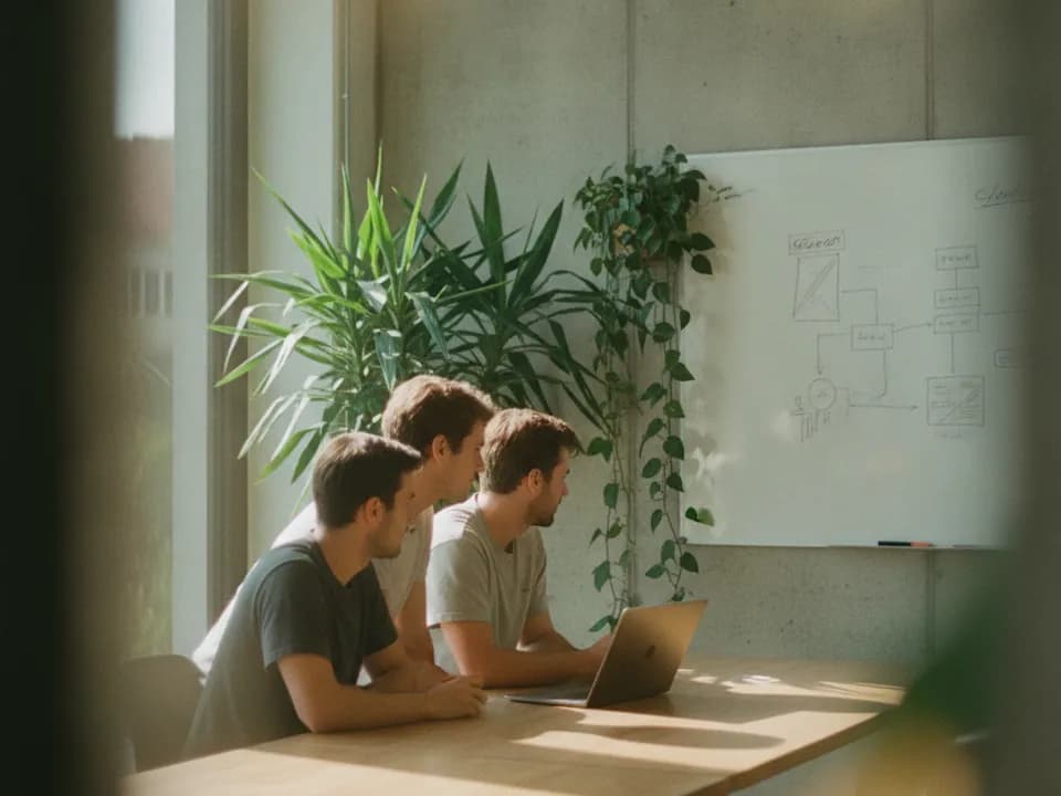 Équipe de startup réunie autour d’un ordinateur portable devant un tableau blanc